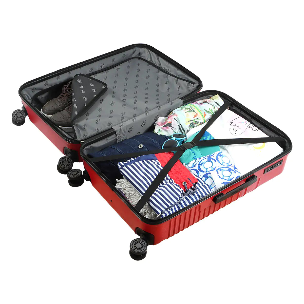 Open red suitcase with clothes and a shoe on a white background