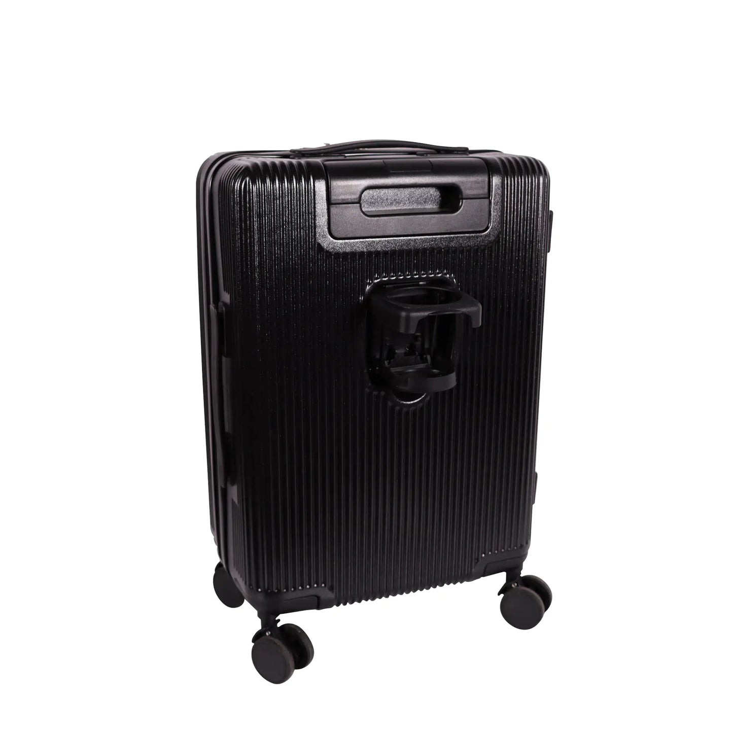 Black suitcase with wheels on a white background