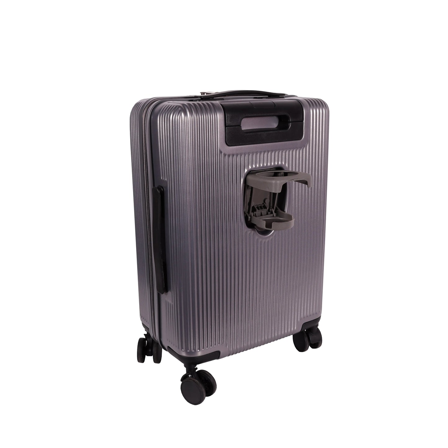 Silver suitcase with wheels on a white background