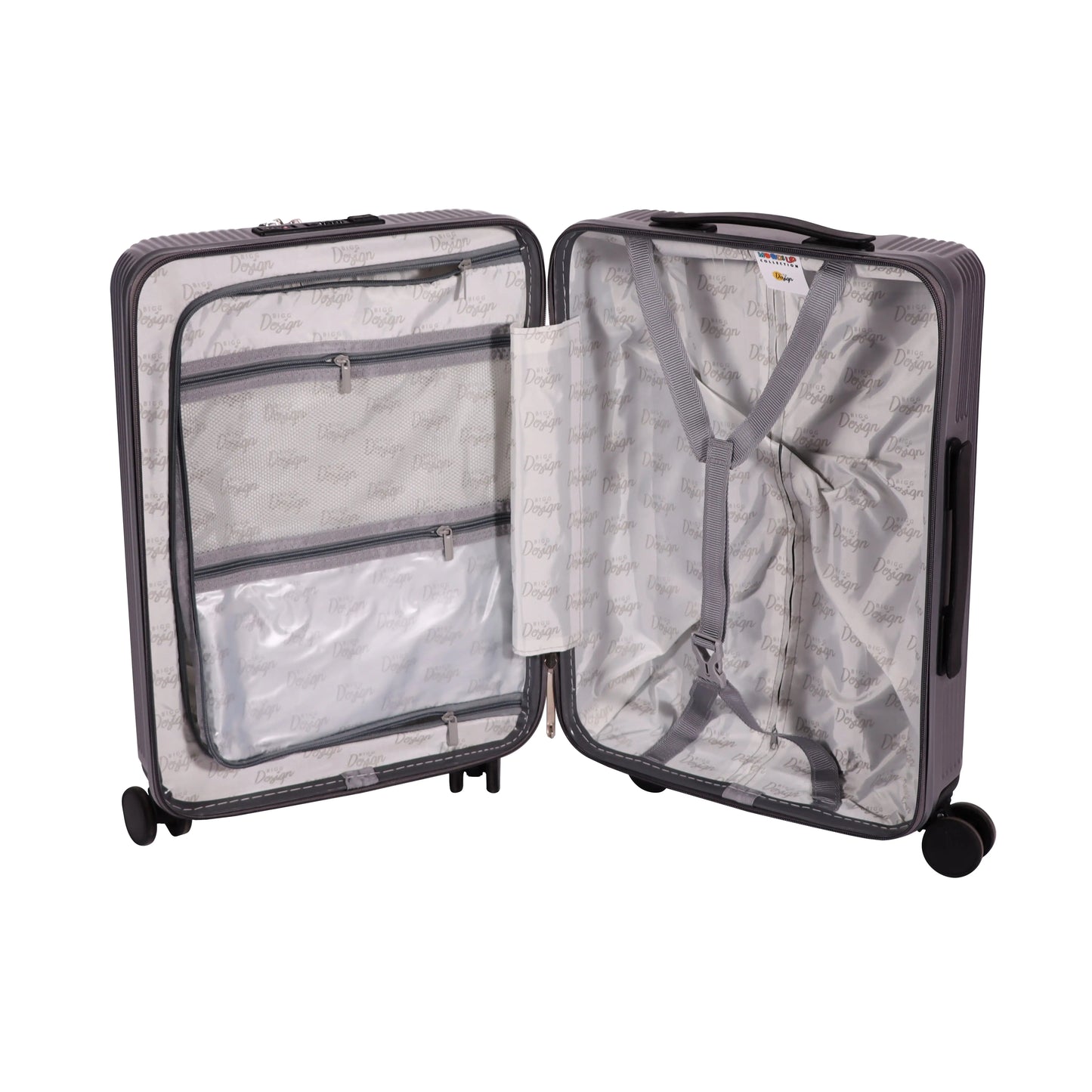 Open gray suitcase with transparent interior on a white background
