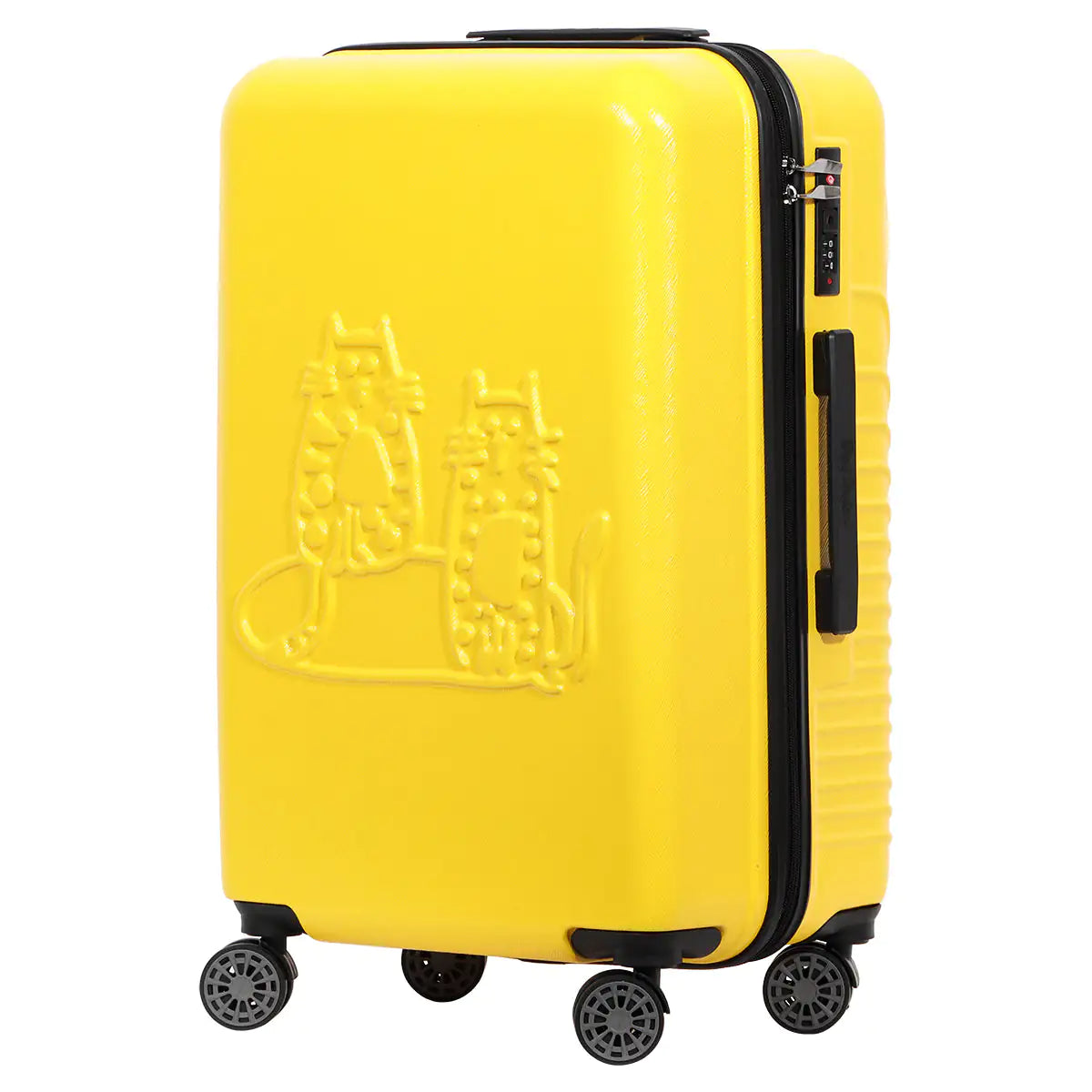Yellow suitcase with a brand logo on a white background
