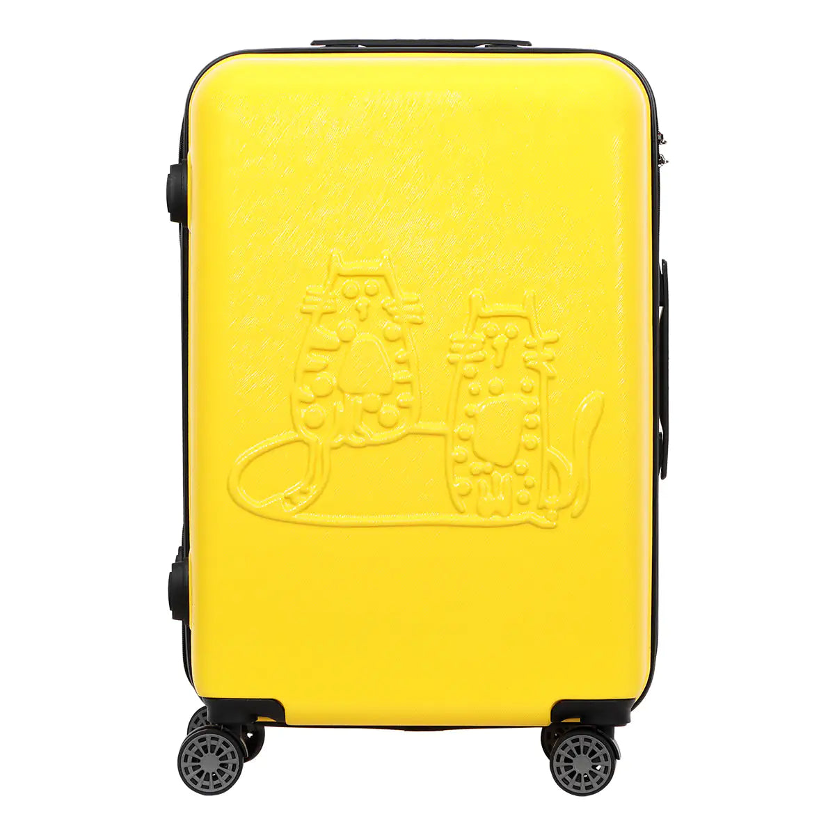 Yellow suitcase with a brand logo on a white background
