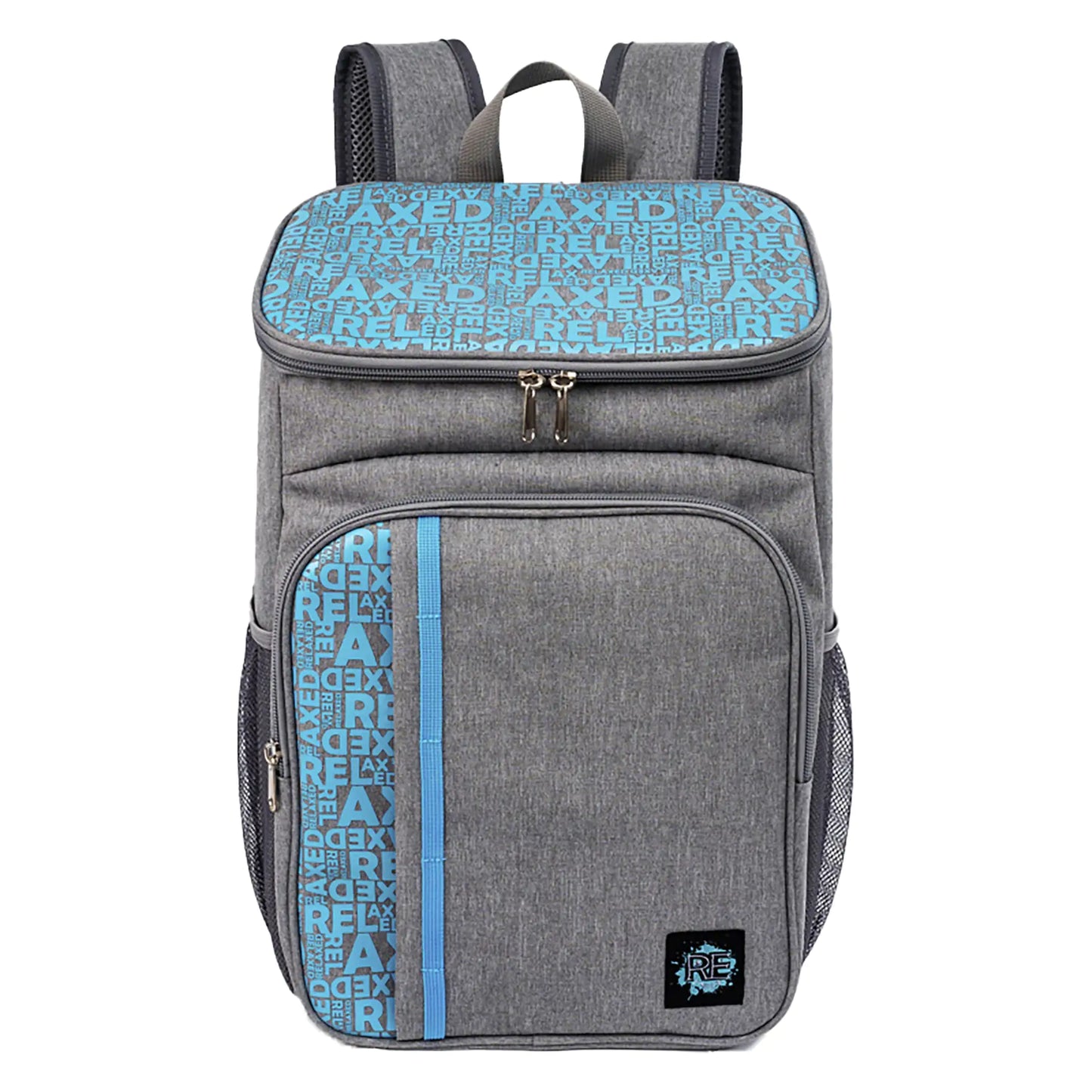 Gray backpack with blue text and accents on a white background
