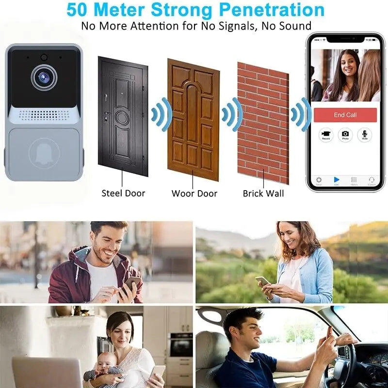 Mobile app showing two-way video call with visitor