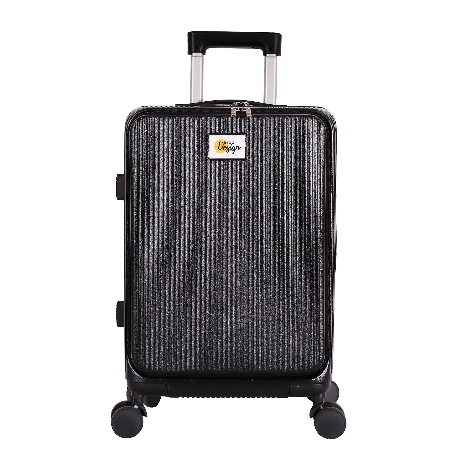 Black suitcase with a visible brand logo on a white background