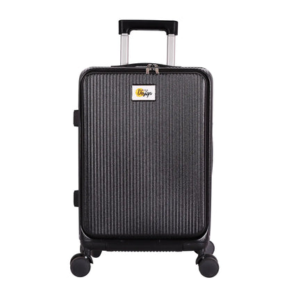 Black suitcase with a visible brand logo on a white background
