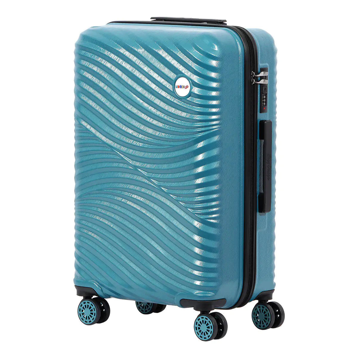 Turquoise suitcase with a wavy pattern on a white background