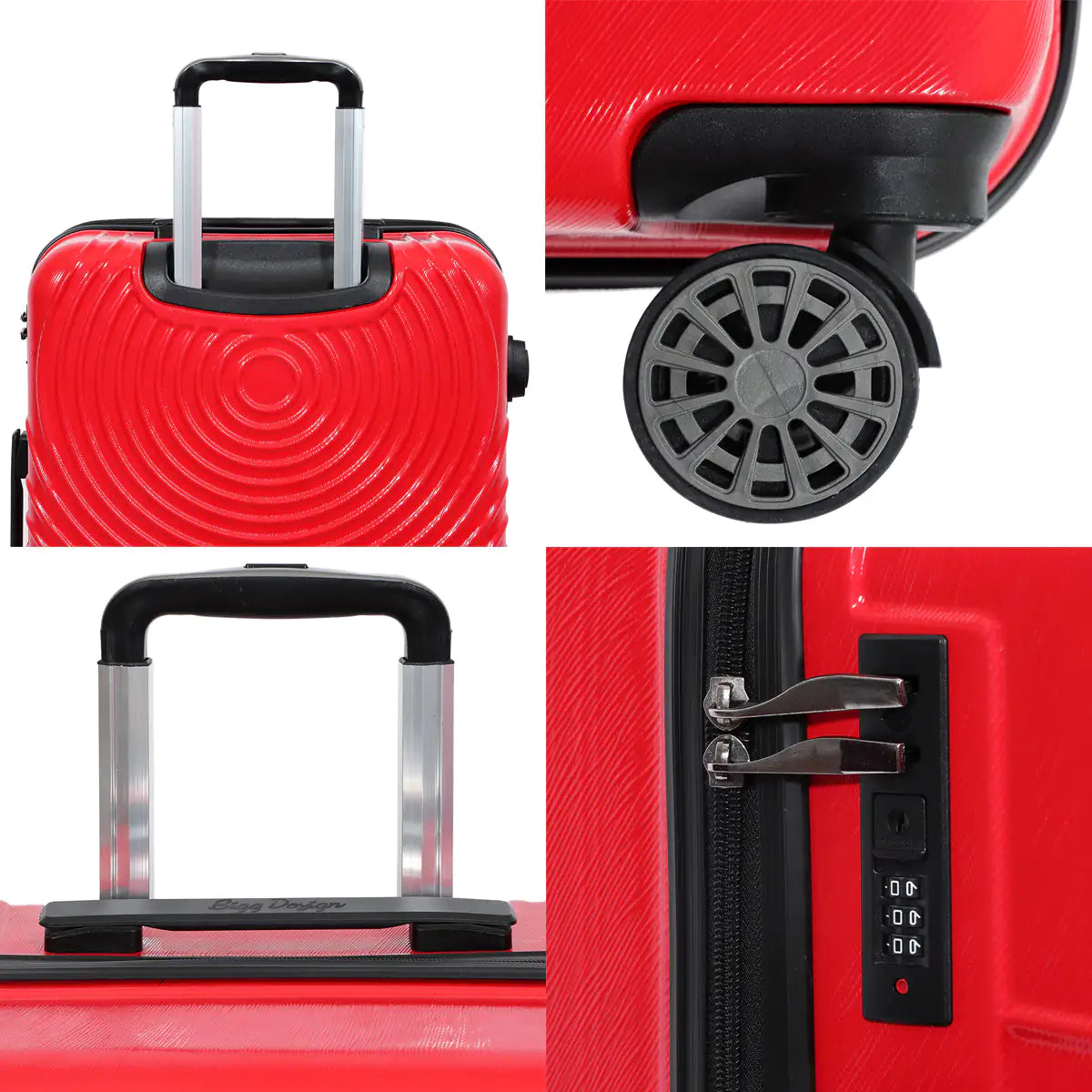 Collage of a red suitcase showing handle, wheels, and lock details.