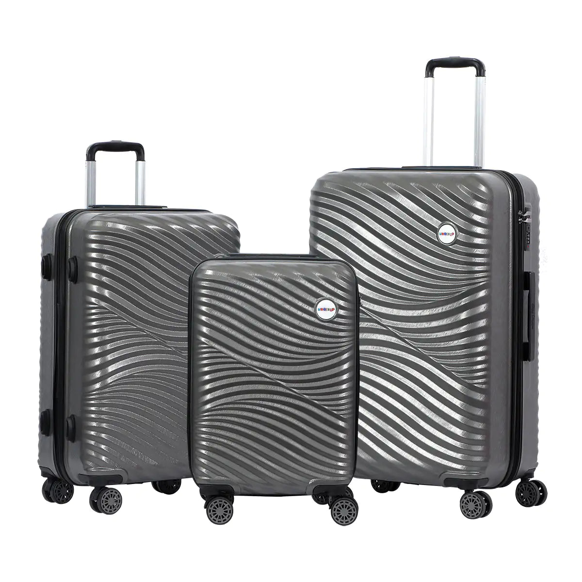 Set of three gray suitcases with a wavy pattern on a white background