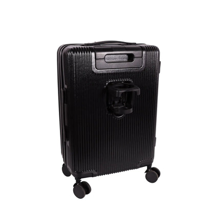 Black suitcase with wheels on a white background