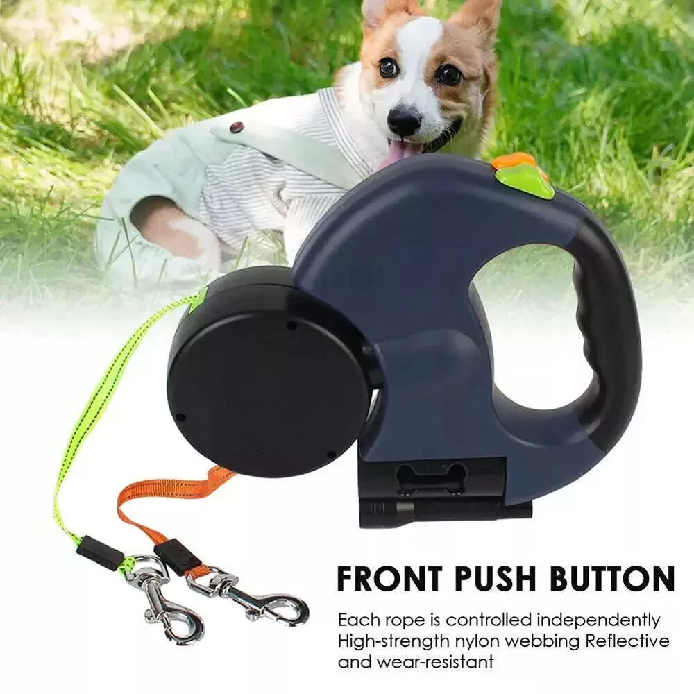 Dual Retractable Dog Leash for 2 Dogs – 360° Swivel, LED Light & Waste Bag Holder - Hot deals wave - 36227620