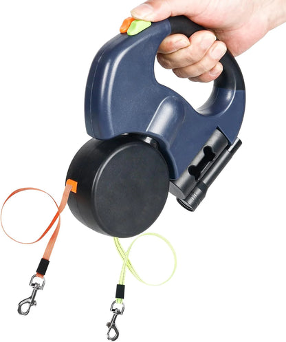 Dual Retractable Dog Leash for 2 Dogs – 360° Swivel, LED Light & Waste Bag Holder - Hot deals wave - 53328203