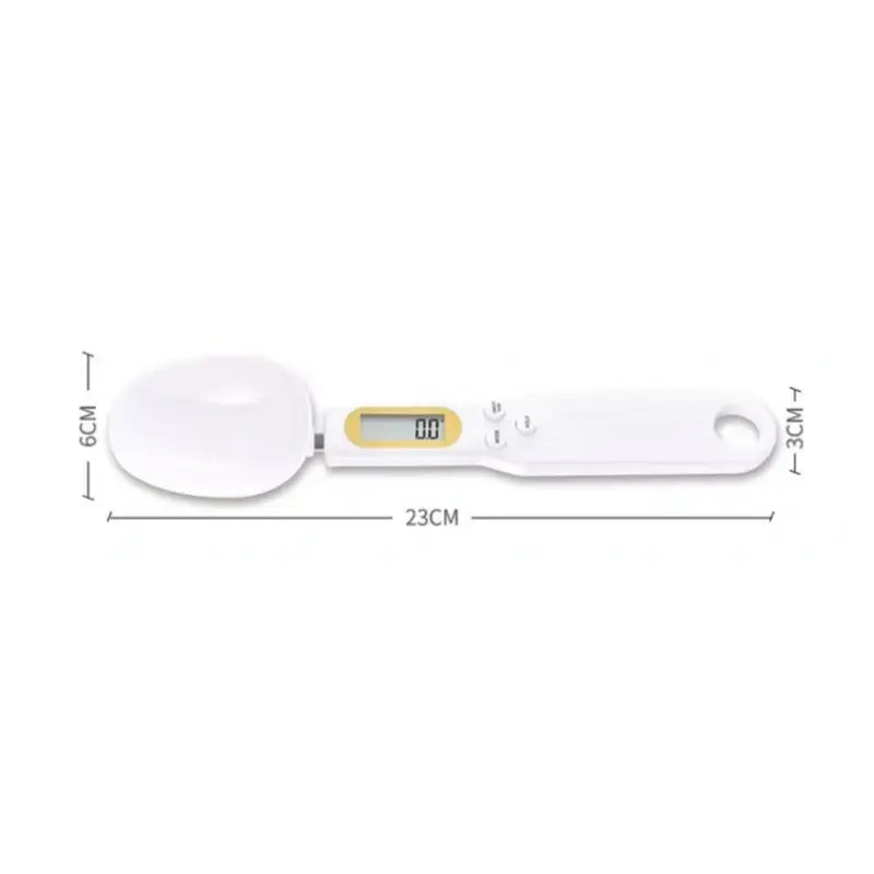 Digital measuring spoon displayed with packaging and user manual