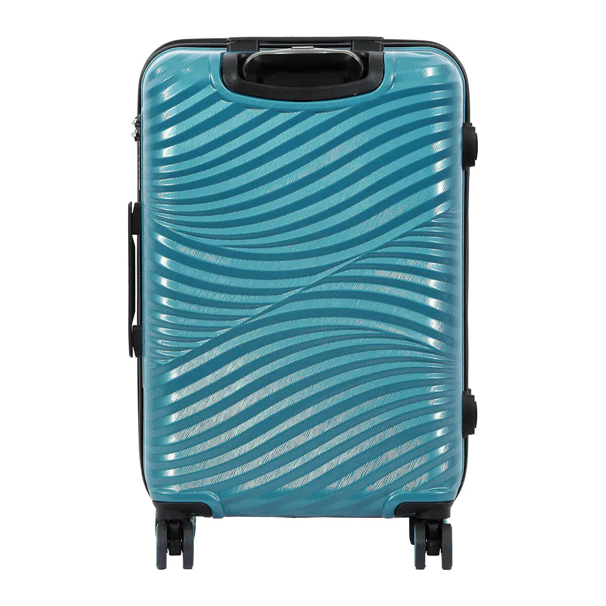 Turquoise suitcase with wavy pattern on a white background