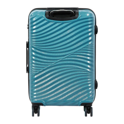 Turquoise suitcase with wavy pattern on a white background