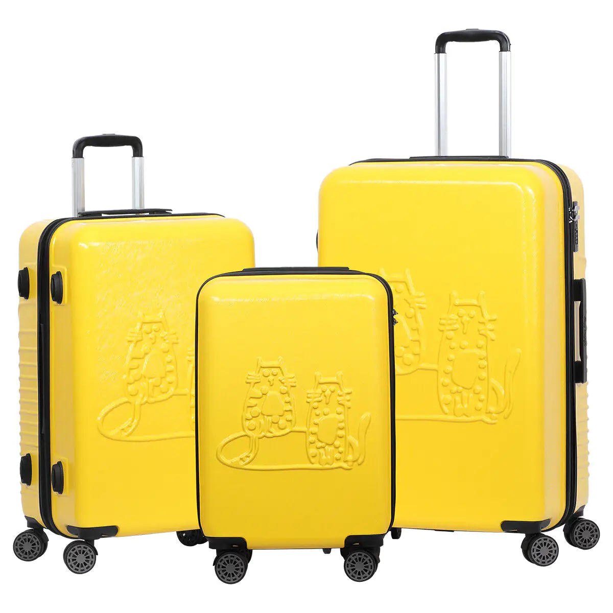 Three yellow suitcases of different sizes with a brand logo on a white background