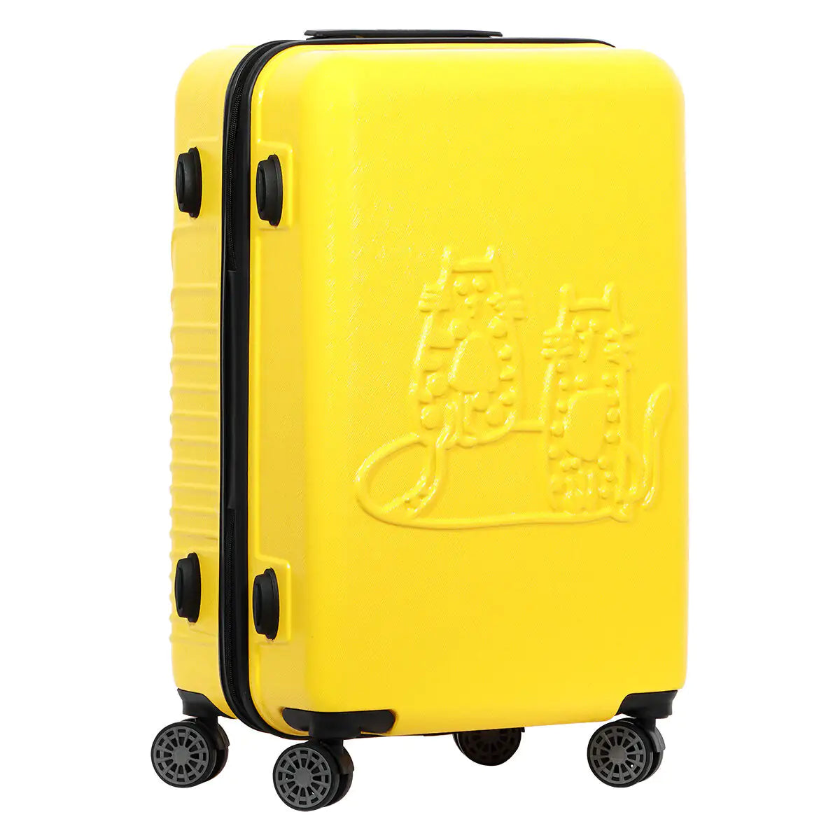 Yellow suitcase with a brand logo on a white background
