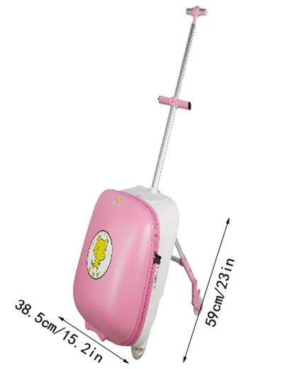 The suitcase can be ridden on and sat on