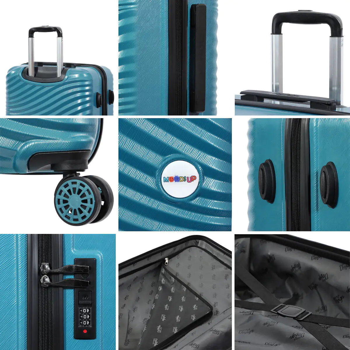 Collage of a blue suitcase with various features highlighted, including wheels, handle, and lock.