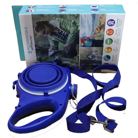 Pet leash travel set with rope, bottle, and feeding cup