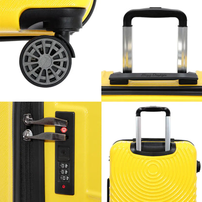Yellow suitcase with wheels, handle, and lock on a white background