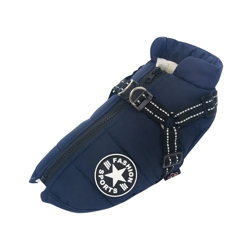 Winter pet harness with leash attachment and cozy lining