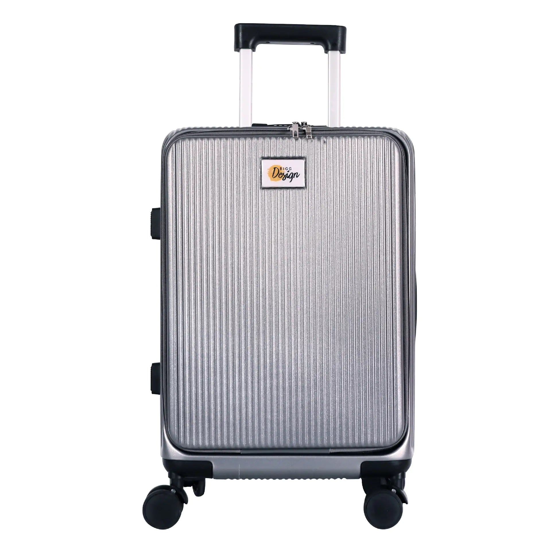 Silver suitcase with a visible brand logo on a white background