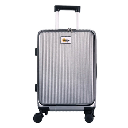 Silver suitcase with a visible brand logo on a white background