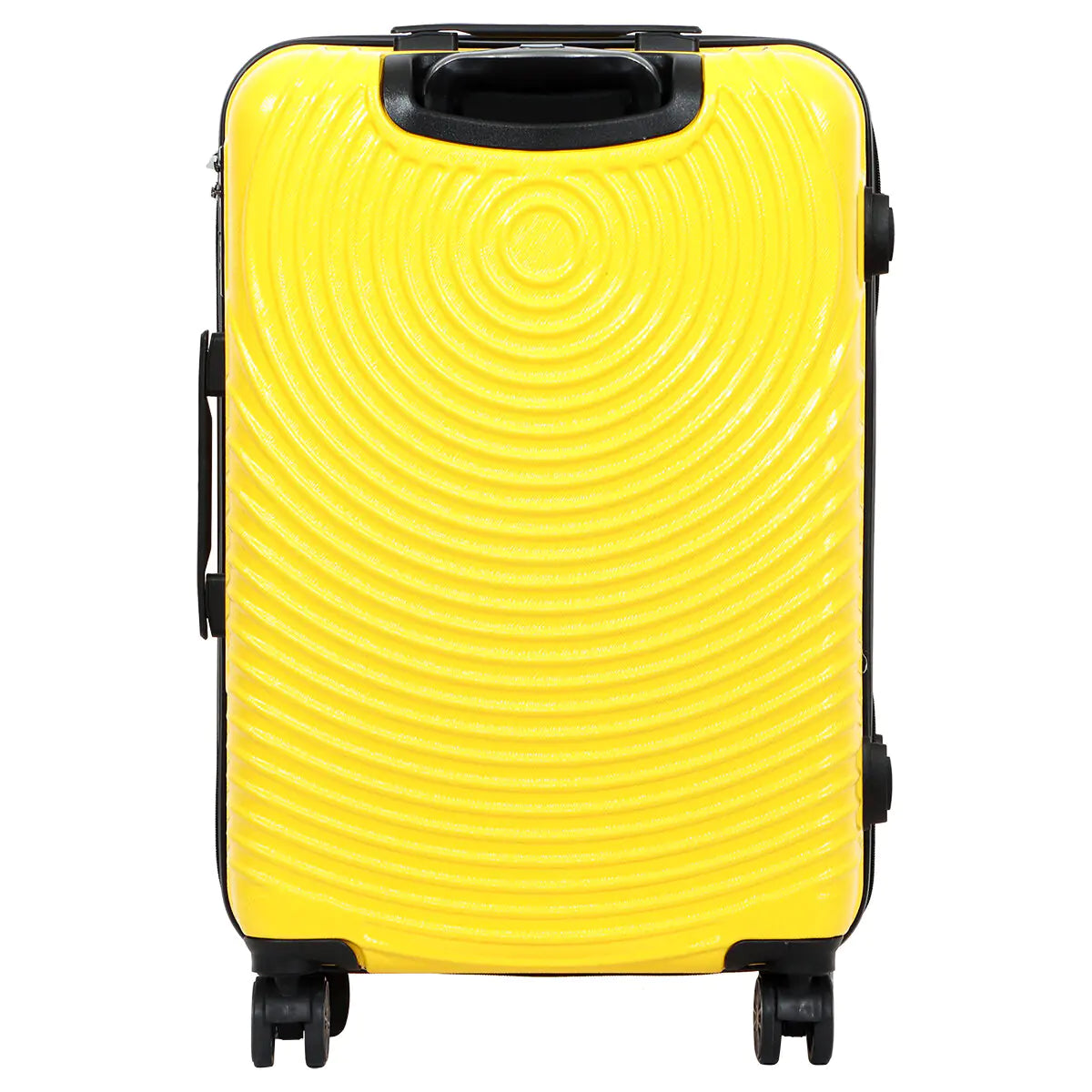 Yellow suitcase with black wheels and handle on a white background
