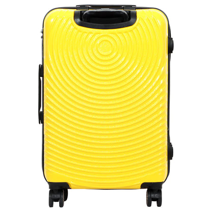Yellow suitcase with black wheels and handle on a white background